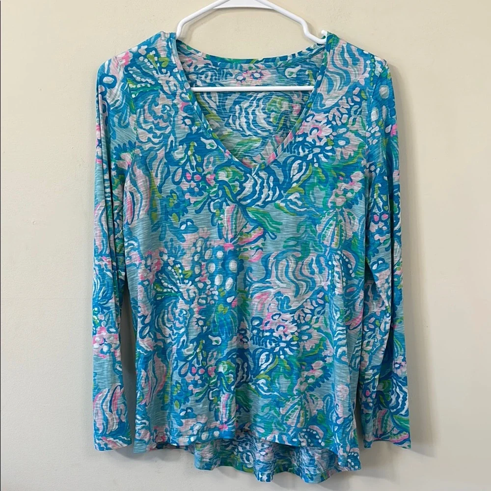 Lilly Pulitzer Etta Long Sleeve Top Blue Ibiza Aqua La Vista Size Small - Picture 2 of 8